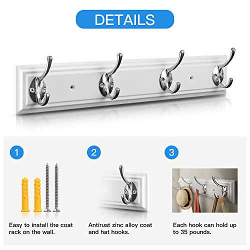 Coat Rack Wall Mounted White, 17" Wooden Modern Wall Coat Hanger with 4 Hooks, Heavy Duty Zinc Alloy Wall Hook Rack for Hanging Coats, Keys, Bags, Keys, Perfect Touch for Bedroom Bathroom Kitchen