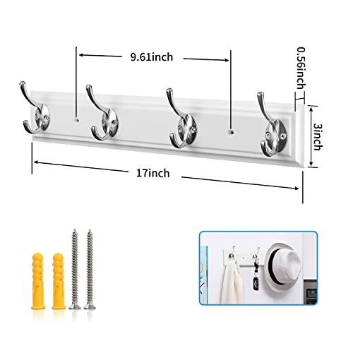 Coat Rack Wall Mounted White, 17" Wooden Modern Wall Coat Hanger with 4 Hooks, Heavy Duty Zinc Alloy Wall Hook Rack for Hanging Coats, Keys, Bags, Keys, Perfect Touch for Bedroom Bathroom Kitchen