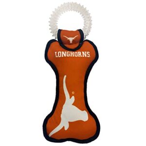 pets first ncaa texas longhorns college dental tough dog tug bone toy with built-in squeaker attached to a safe rubber teething toothbrush pet toy 14 x 5"