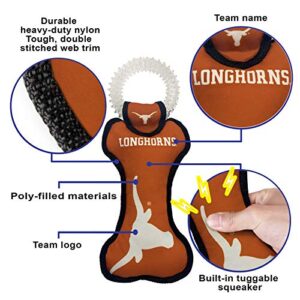 Pets First NCAA Texas Longhorns College Dental Tough Dog TUG Bone Toy with Built-in Squeaker Attached to a Safe Rubber Teething Toothbrush PET Toy 14 x 5"