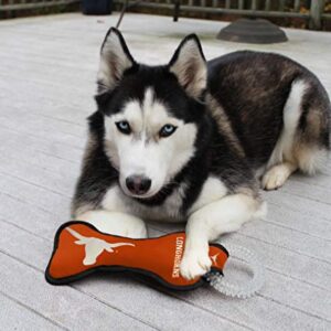 Pets First NCAA Texas Longhorns College Dental Tough Dog TUG Bone Toy with Built-in Squeaker Attached to a Safe Rubber Teething Toothbrush PET Toy 14 x 5"