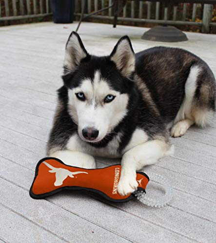 Pets First NCAA Texas Longhorns College Dental Tough Dog TUG Bone Toy with Built-in Squeaker Attached to a Safe Rubber Teething Toothbrush PET Toy 14 x 5"