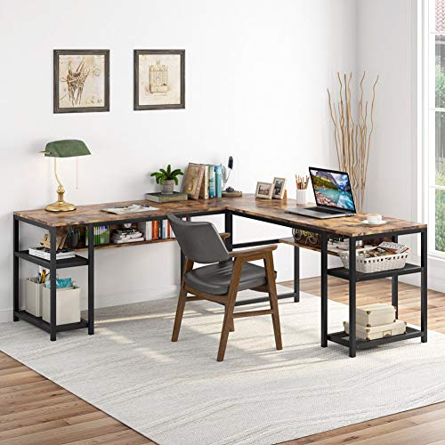 Tribesigns 70 Inch Modern L-Shaped Desk with Bookcase, L Shapes Computer Desk Study Table Super Sturdy Workstation for Home Office with Hutch, Brown