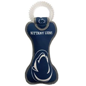 pets first ncaa penn state nittany lions college dental tough dog tug bone toy with built-in squeaker attached to a safe rubber teething toothbrush pet toy, team color, 14 x 5 (pa-3310)