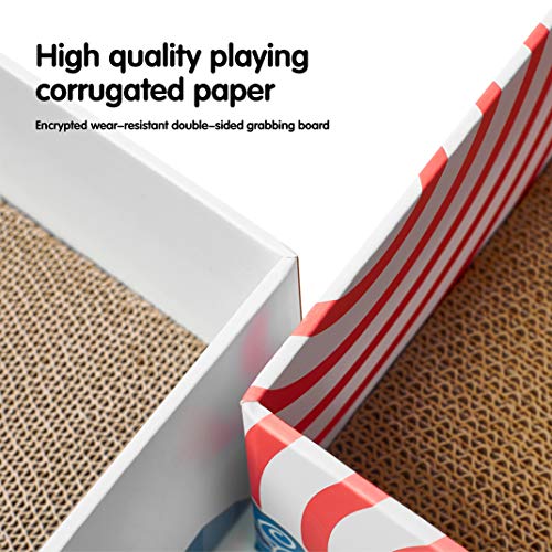 Conlun Cat Scratcher Box with Cat Scratching Pad Portable 3-Layer Corrugated Cardboard Lounger Heavy-Duty Double-Sided Cardboard Cat Scratcher and Interactive Hole Design White (Medium)