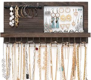 mkono rustic wall mounted jewelry organizer with bracelet rod and 30 hooks wood hanging jewellery holder for necklaces, earrings, bracelets, rings, display shelf for cabinet,mother's day gift