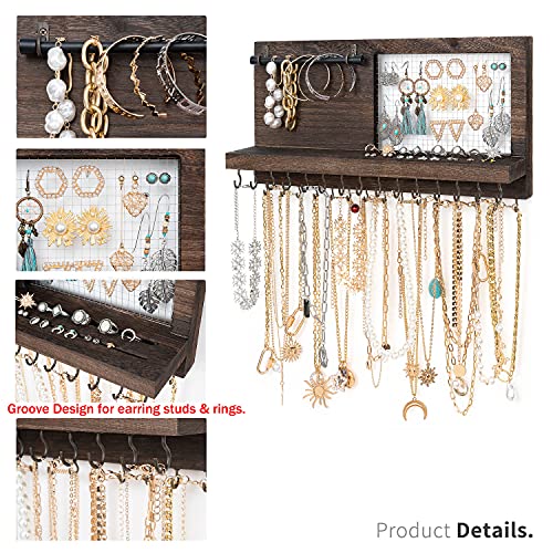 Mkono Rustic Wall Mounted Jewelry Organizer with Bracelet Rod and 30 Hooks Wood Hanging Jewellery Holder for Necklaces, Earrings, Bracelets, Rings, Display Shelf for Cabinet,Mother's Day Gift