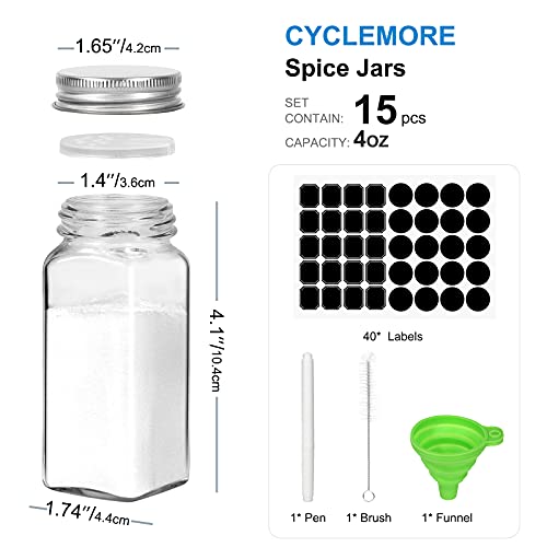 CycleMore 15 Pcs 4oz Glass Spice Jars Bottles, Square Spice Containers with Silver Metal Caps and Pour/Sift Shaker Lid-40pcs Black Labels,1pcs Silicone Collapsible Funnel and 1pcs Brush Included