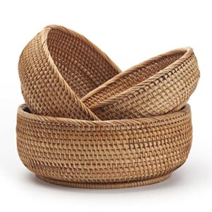 round rattan fruit baskets woven storage bowls key holder stackable for shelf kitchen tabletop natural set of 3