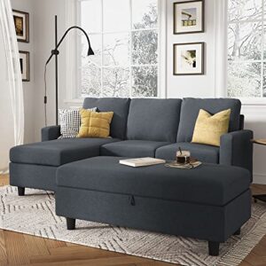 honbay reversible sectional couch with chaise modern linen fabric l shape sofa for apartment sectional set with ottoman in bluish grey