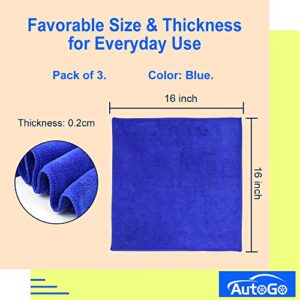 AutoGo 16x16 Inch Pack of 3 Versatile Microfiber Cleaning Cloth, High-Absorbent Lint-Free Streak-Free Towel for Car, House, Kitchen, Window, etc.