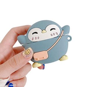 ur sunshine case compatible with airpods pro, new super cute shoulder bag jumping penguin cover case, soft silicone gel stylish blue penguin earphone case compatible with airpods pro +hook