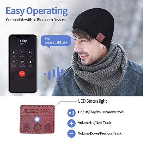 Bluetooth Beanie Hats, Christmas Tech Gifts for Men Women, Wireless Music Hat Headphones - Unisex Winter Knit Cap Headset with Built-in Mic, 100% Washable