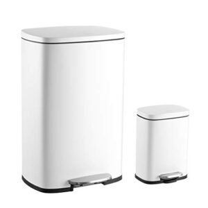 happimess hpm1006c connor rectangular trash can with soft-close lid and free mini trash can, modern fingerprint proof for home, kitchen, office, large:12.98 gallon small:1.3 gallon, white