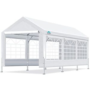 advance outdoor adjustable 10x20 ft heavy duty carport car canopy garage shelter party wedding boat tent with removable window sidewalls and doors, adjustable height from 9.5ft to 11ft, white