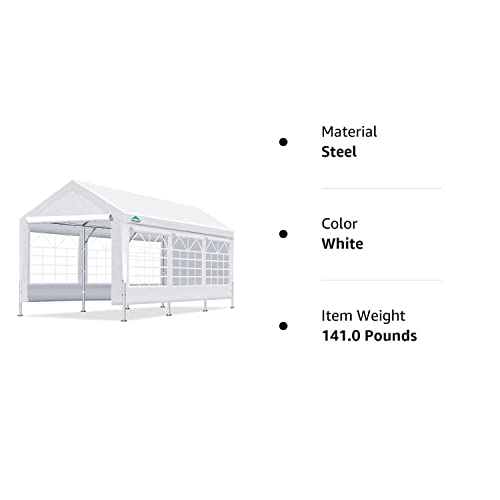 ADVANCE OUTDOOR Adjustable 10x20 ft Heavy Duty Carport Car Canopy Garage Shelter Party Wedding Boat Tent with Removable Window Sidewalls and Doors, Adjustable Height from 9.5ft to 11ft, White