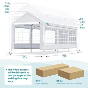 ADVANCE OUTDOOR Adjustable 10x20 ft Heavy Duty Carport Car Canopy Garage Shelter Party Wedding Boat Tent with Removable Window Sidewalls and Doors, Adjustable Height from 9.5ft to 11ft, White