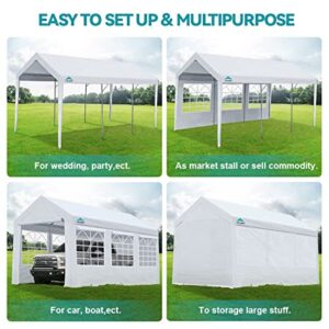 ADVANCE OUTDOOR Adjustable 10x20 ft Heavy Duty Carport Car Canopy Garage Shelter Party Wedding Boat Tent with Removable Window Sidewalls and Doors, Adjustable Height from 9.5ft to 11ft, White