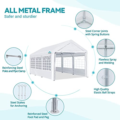 ADVANCE OUTDOOR Adjustable 10x20 ft Heavy Duty Carport Car Canopy Garage Shelter Party Wedding Boat Tent with Removable Window Sidewalls and Doors, Adjustable Height from 9.5ft to 11ft, White