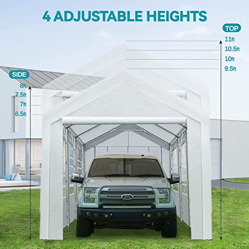 ADVANCE OUTDOOR Adjustable 10x20 ft Heavy Duty Carport Car Canopy Garage Shelter Party Wedding Boat Tent with Removable Window Sidewalls and Doors, Adjustable Height from 9.5ft to 11ft, White