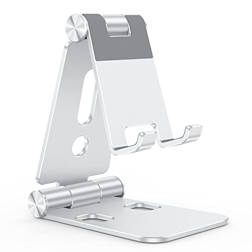 OMOTON Foldable Cell Phone Stand, C4 Portable Aluminum Phone Holder, Adjustable Phone Dock Cradle Compatible with iPhone 14/13/12/11 Pro Max, Samsung Galaxy, Small Tablets and Other Phones, Silver