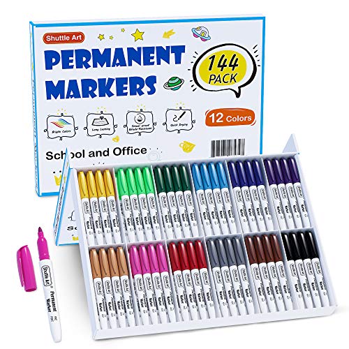 Shuttle Art 144 Pack Permanent Markers, Permanent Marker Assorted Colors, 12 Bright Colors Fine Point Permanent Markers For Kids and Adult Coloring on Wood, Stone, Glass as Office, School Supplies