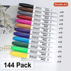 Shuttle Art 144 Pack Permanent Markers, Permanent Marker Assorted Colors, 12 Bright Colors Fine Point Permanent Markers For Kids and Adult Coloring on Wood, Stone, Glass as Office, School Supplies