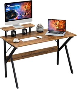 greenforest home office desk with monitor shelf computer gaming desk 47 inch writing study table for workstation, walnut