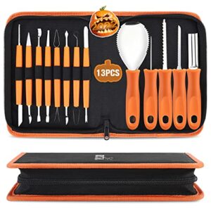 pumpkin carving kit tools halloween, chryztal 13pcs professional heavy duty carving set, stainless steel double-side sculpting tool carving knife for halloween decoration jack-o-lanterns