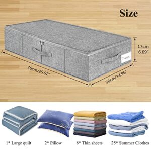 Under Bed Storage, 2 Pack Underbed Storage Container Bags With Lid, Foldable Sturdy Clothes Storage Drawer Organizer W/ 3 Handles, Ultra Thick Fabric Blanket Shoe Storage Box, 30x15x6.7inch, Grey