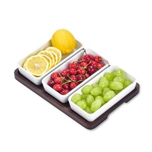 creamic snack serving tray 3 pieces long strip ceramic bowls and a brown trays, movable moisture-proof food bowls, can dress up snacks, fruits, condiments, bread, barbecue, appetizers