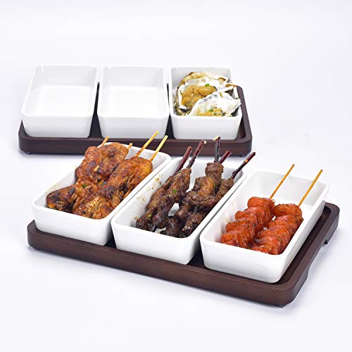 Creamic Snack Serving Tray 3 Pieces Long Strip Ceramic Bowls and A Brown Trays, Movable Moisture-Proof Food Bowls, Can Dress up Snacks, Fruits, Condiments, Bread, Barbecue, appetizers