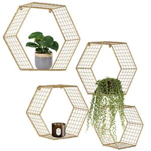 kimisty set of 4 gold hexagon wall shelves, floating honeycomb wire wall mounted shelf, geometric octagon mesh shelves, boho deep gold metal shelving