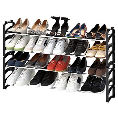 Seville Classics 4-Tier Expandable 24-Pair Shoe Rack Resin Freestanding Closet, Entryway, Bedroom Footwear Organizer, Chrome Poles