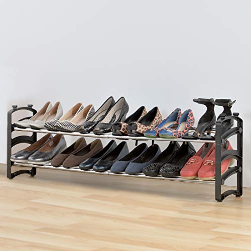 Seville Classics 4-Tier Expandable 24-Pair Shoe Rack Resin Freestanding Closet, Entryway, Bedroom Footwear Organizer, Chrome Poles