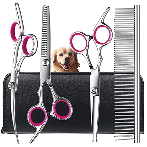 TINMARDA Grooming Scissors Kit with Safety Round Tips Stainless Steel Professional Thinning, Straight, Curved Shears and Comb for Long Short Hair for Dog Cat Pet