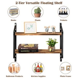 Giantex Wall-Mounted Wood Shelf, 2-Tier Floating Shelves, Rustic Storage Shelves for Pantry Kitchen Living Room, Bedroom, Bathroom, Industrial 2 Tiers Wall Hanging Shelves (Black & Natural)