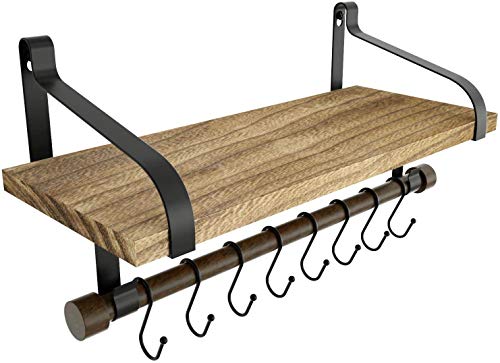 KOXUIUF Floating Shelves Wall Mounted, Rustic Wood Wall Storage Shelves with 8 Mug Hooks Hanging Mug or Towel and Spatula Suit for Kitchen, Office, Living Room and Bathroom