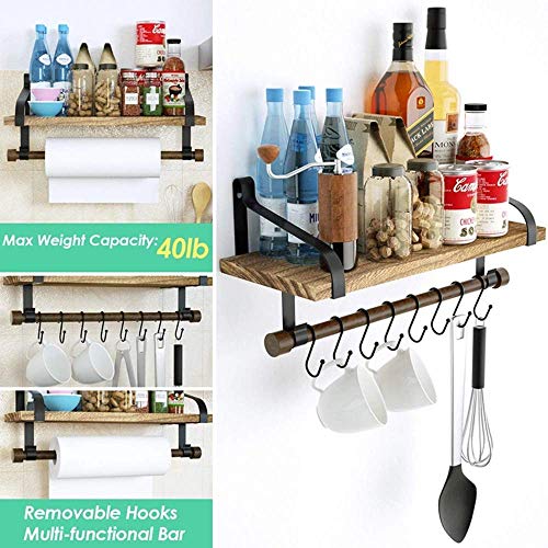 KOXUIUF Floating Shelves Wall Mounted, Rustic Wood Wall Storage Shelves with 8 Mug Hooks Hanging Mug or Towel and Spatula Suit for Kitchen, Office, Living Room and Bathroom