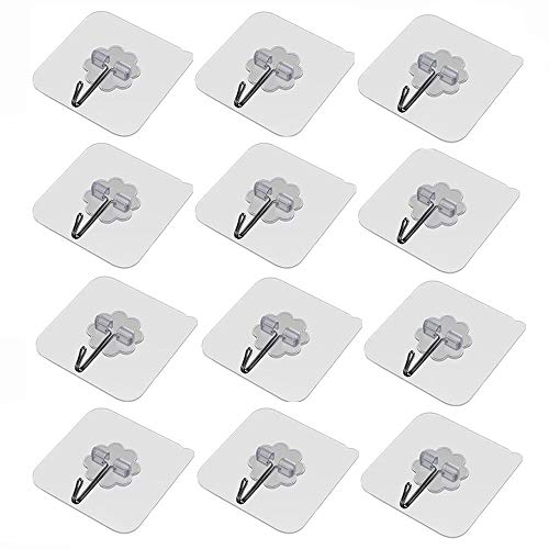 Wall Hooks 13.3lb(Max) Transparent Self Adhesive Hooks Waterproof Seamless Strong Hooks for Kitchen, Bathroom,12 Pack