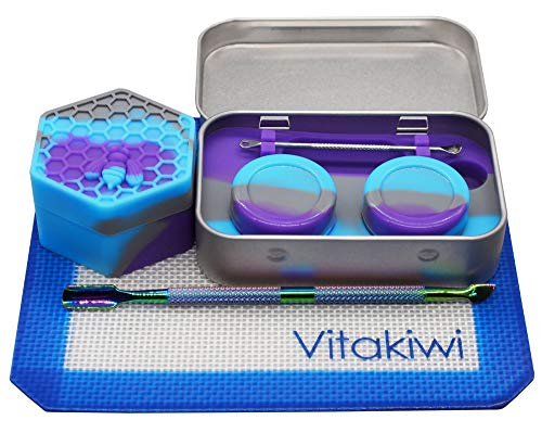 Vitakiwi Silicone Wax Carving Travel Kit with 5ml 26ml Honeybee Concentrate Containers + 5.2" Rainbow Tool + 5.9"×4.9" Mat + Tin Carrying Box (Purple Blue Grey)