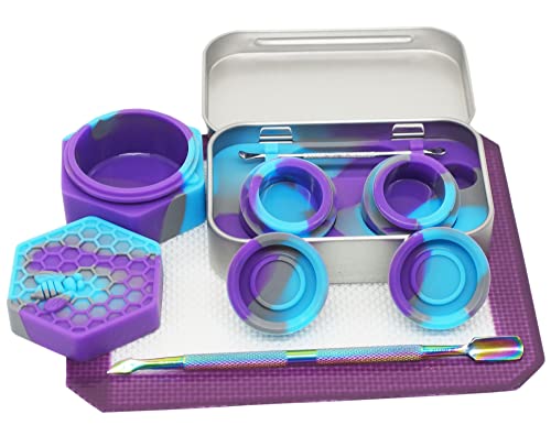 Vitakiwi Silicone Wax Carving Travel Kit with 5ml 26ml Honeybee Concentrate Containers + 5.2" Rainbow Tool + 5.9"×4.9" Mat + Tin Carrying Box (Purple Blue Grey)