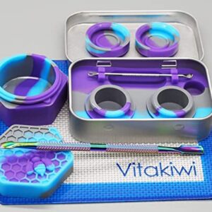 Vitakiwi Silicone Wax Carving Travel Kit with 5ml 26ml Honeybee Concentrate Containers + 5.2" Rainbow Tool + 5.9"×4.9" Mat + Tin Carrying Box (Purple Blue Grey)