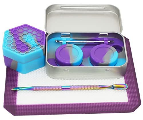 Vitakiwi Silicone Wax Carving Travel Kit with 5ml 26ml Honeybee Concentrate Containers + 5.2" Rainbow Tool + 5.9"×4.9" Mat + Tin Carrying Box (Purple Blue Grey)