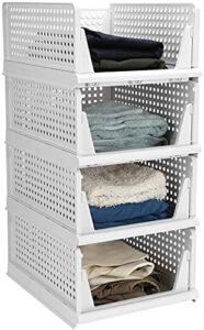 set of 4 stackable closet wardrobe storage bins organizer (easy open and folding), plastic white wardrobe shelves closet organiser box, pull out like a drawer, suitable for home, bedroom, kitchen