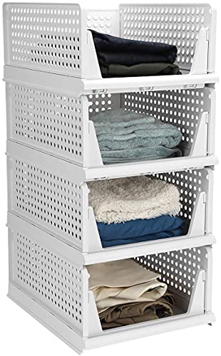 Set of 4 Stackable Closet Wardrobe Storage Bins Organizer (Easy Open and Folding), Plastic White Wardrobe Shelves Closet Organiser Box, Pull Out Like a Drawer, Suitable for Home, Bedroom, Kitchen