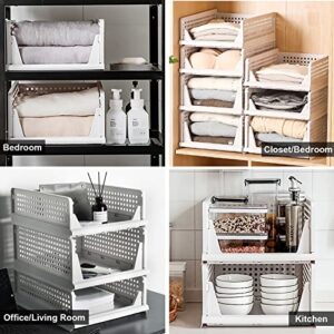 Set of 4 Stackable Closet Wardrobe Storage Bins Organizer (Easy Open and Folding), Plastic White Wardrobe Shelves Closet Organiser Box, Pull Out Like a Drawer, Suitable for Home, Bedroom, Kitchen