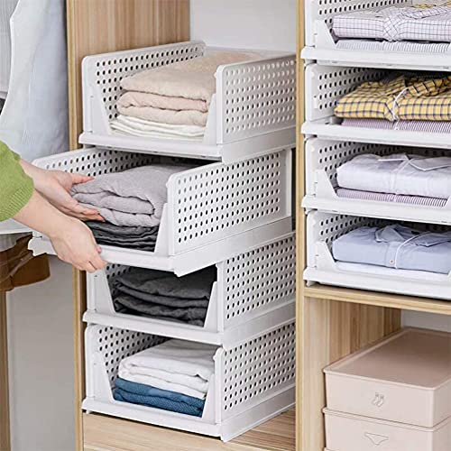 Set of 4 Stackable Closet Wardrobe Storage Bins Organizer (Easy Open and Folding), Plastic White Wardrobe Shelves Closet Organiser Box, Pull Out Like a Drawer, Suitable for Home, Bedroom, Kitchen