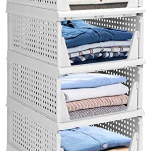 Set of 4 Stackable Closet Wardrobe Storage Bins Organizer (Easy Open and Folding), Plastic White Wardrobe Shelves Closet Organiser Box, Pull Out Like a Drawer, Suitable for Home, Bedroom, Kitchen