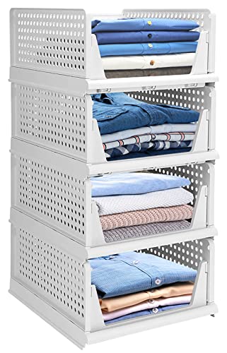 Set of 4 Stackable Closet Wardrobe Storage Bins Organizer (Easy Open and Folding), Plastic White Wardrobe Shelves Closet Organiser Box, Pull Out Like a Drawer, Suitable for Home, Bedroom, Kitchen